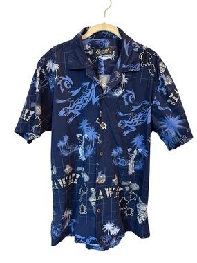 Favant Hawaiian Shirt Mens Large Blue Tribal Surf Tiki Print 100% Cotton